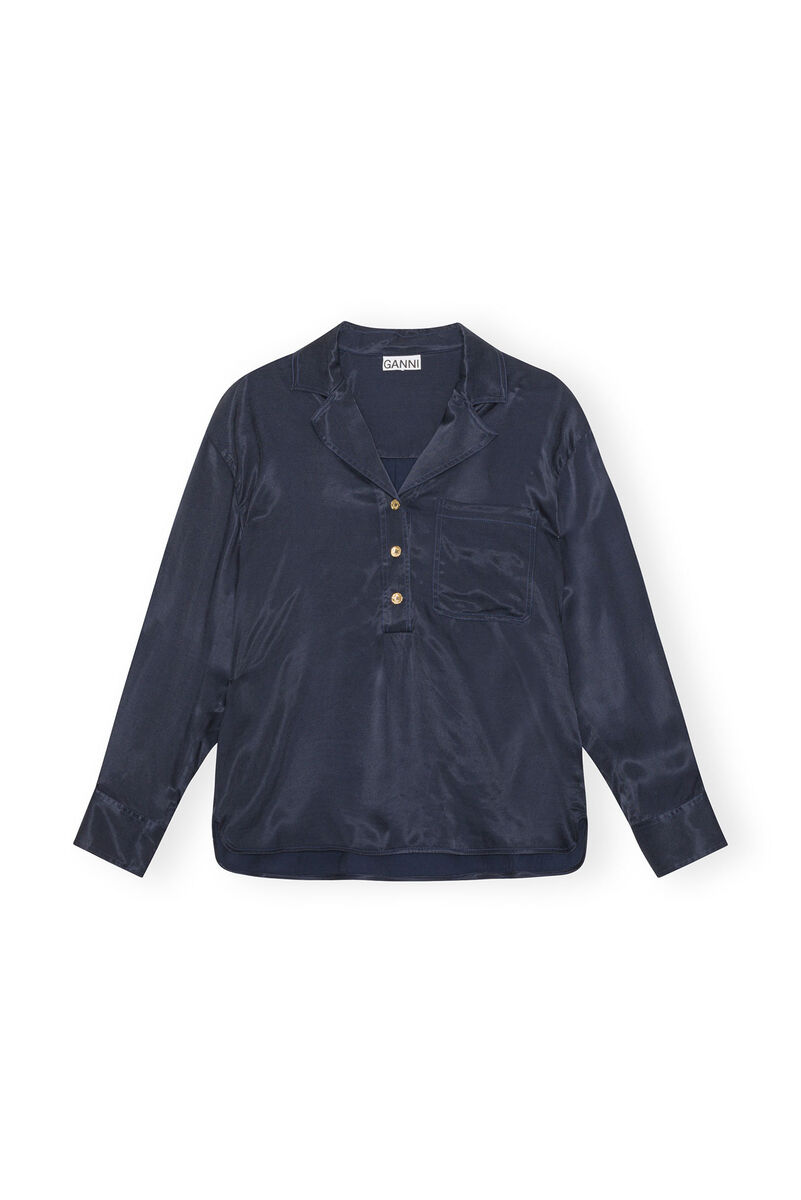Blue Washed Twill Satin Oversize Shirt, Cupro, in colour Sky Captain - 1 - GANNI