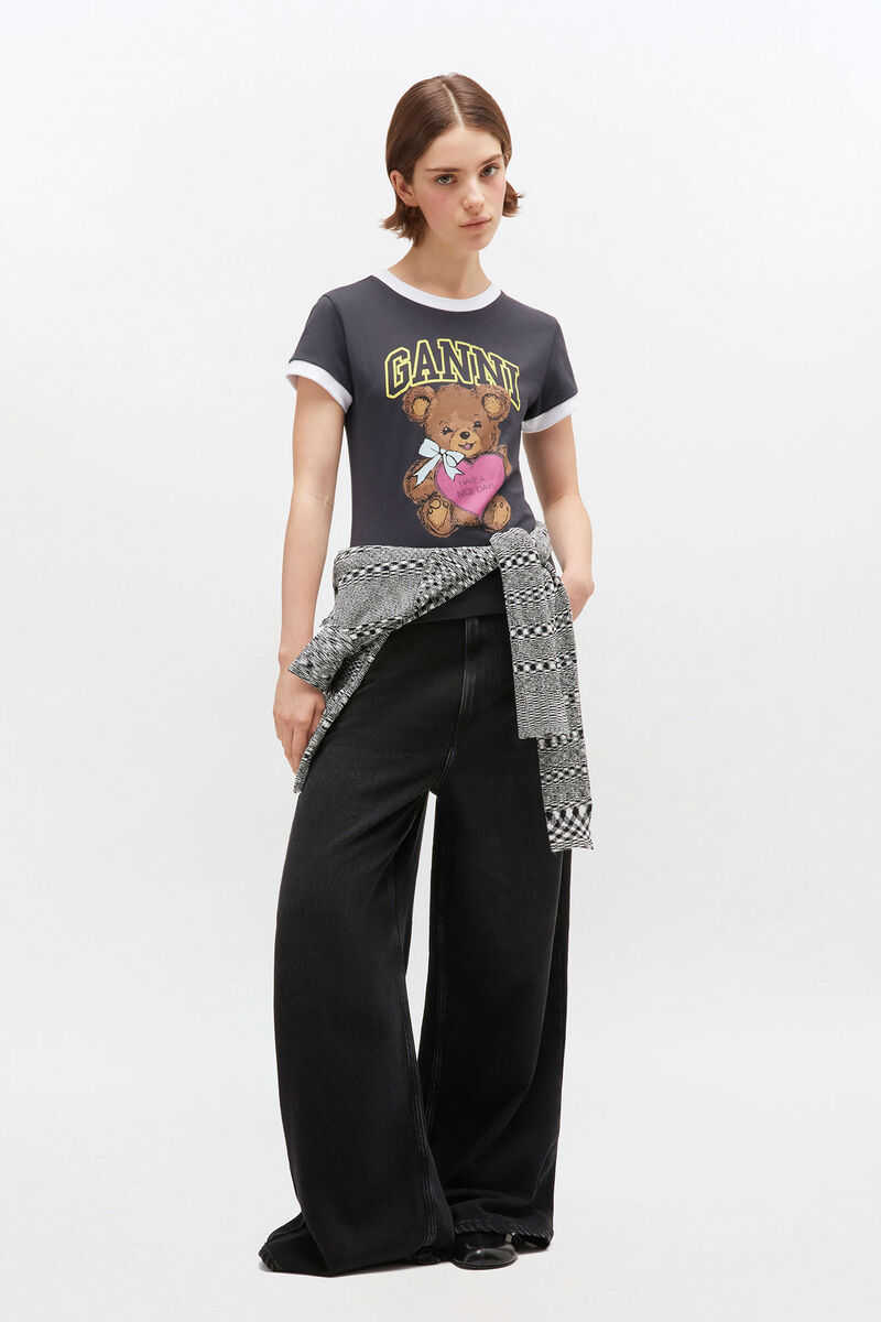 Black Cropped Teddy T-shirt, Cotton, in colour Phantom - 2 - GANNI