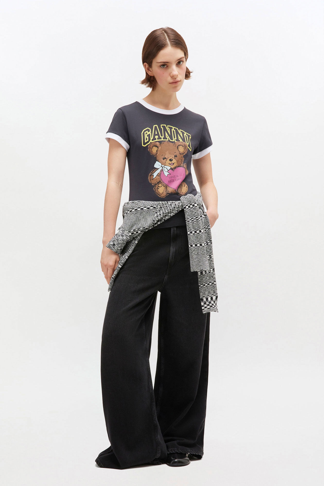 Black Cropped Teddy T-shirt, Cotton, in colour Phantom - 2 - GANNI