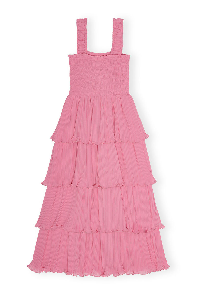 Pink Pleated Georgette Flounce Smock Midi Dress, Recycled Polyester, in colour Orchid Smoke - 2 - GANNI