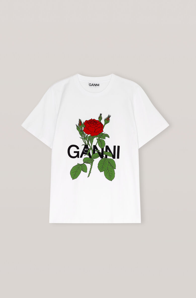 Basic Cotton Jersey T-shirt, Rose, Cotton, in colour Bright White - 1 - GANNI
