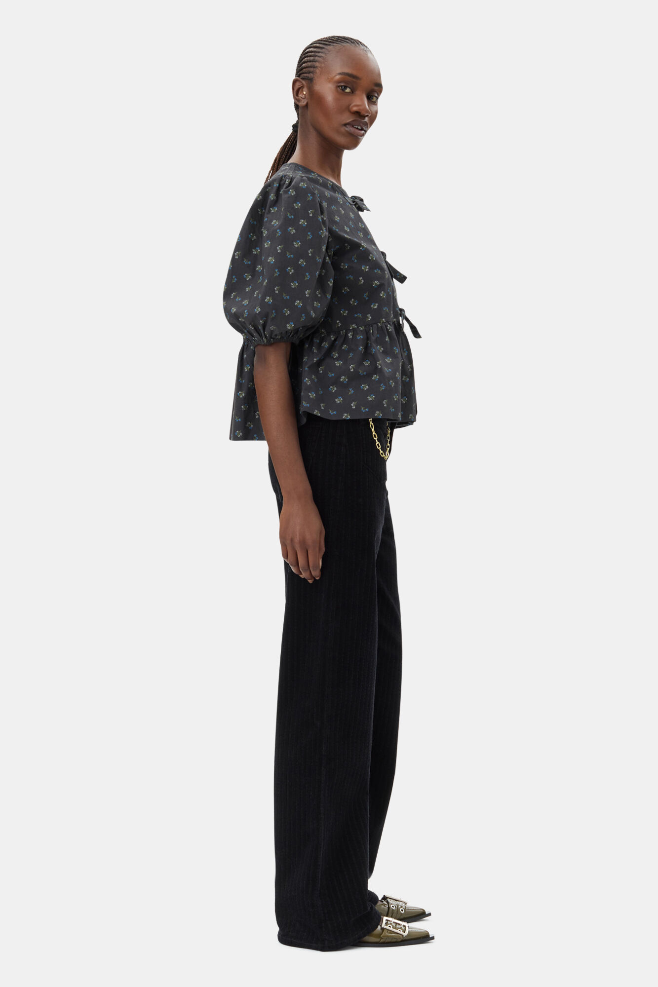 Black Printed Cotton Peplum Blouse, Cotton, in colour Phantom - 3 - GANNI