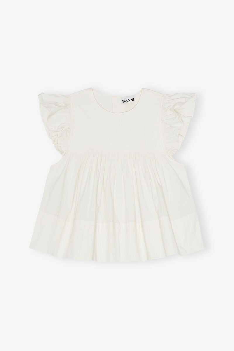 White Stretch Cotton Frill Sleeve Top, Organic Cotton, in colour Egret - 1 - GANNI