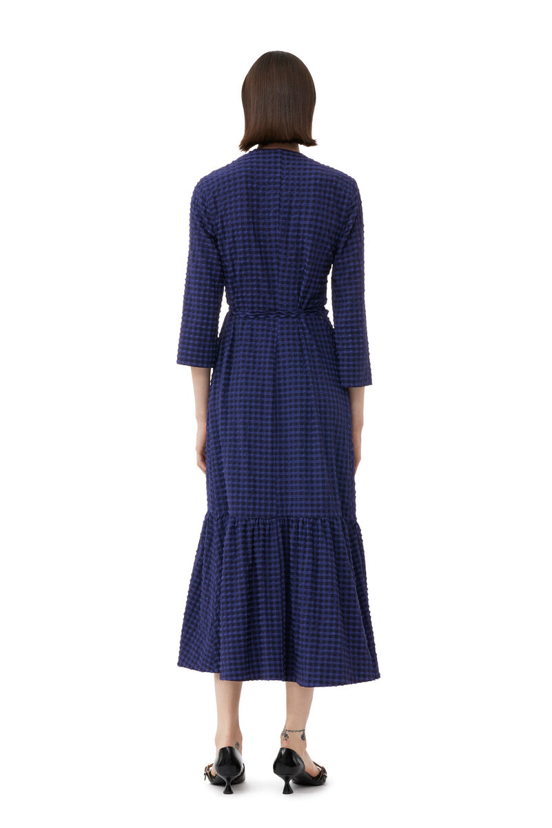 Blue Checkered Seersucker Gathered Midi Wrap Dress, Elastane, in colour Deep Cobalt - 4 - GANNI