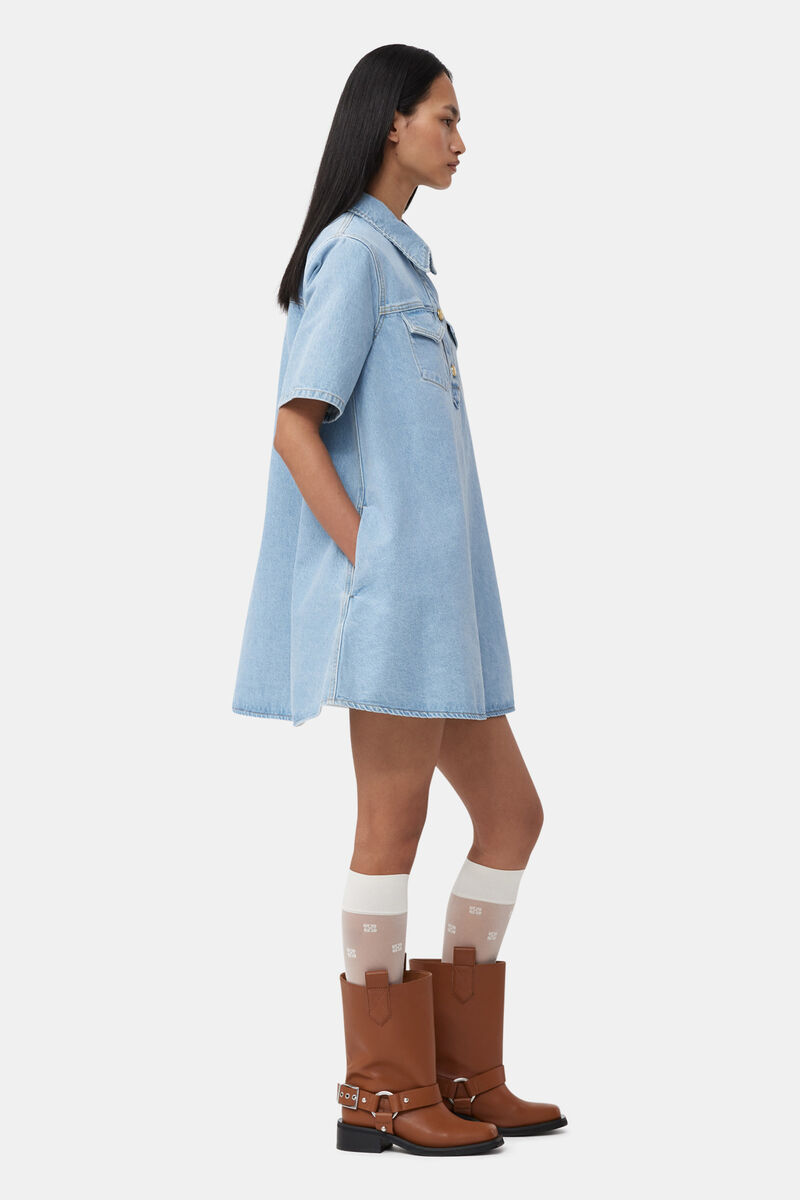 Light Blue Denim Mini Kleid, Cotton, in colour Mid Blue Vintage - 3 - GANNI