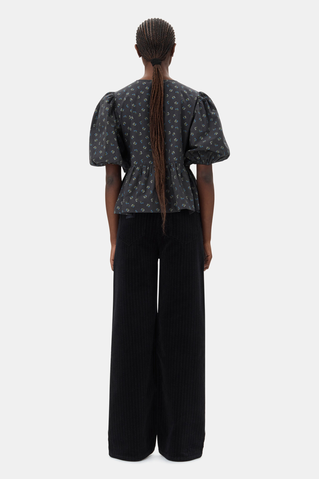 Black Printed Cotton Peplum Blouse, Cotton, in colour Phantom - 4 - GANNI