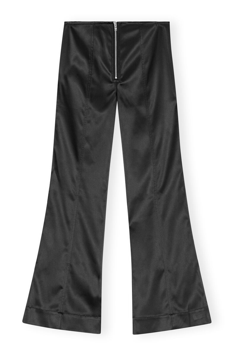 Black Double Satin Flared Trousers, Elastane, in colour Black - 1 - GANNI