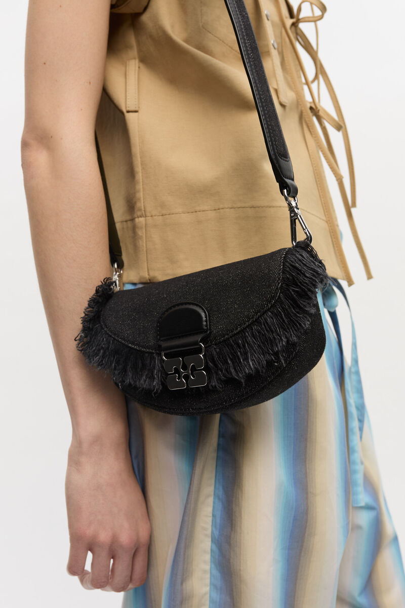 Black Denim Mini Apo-G Wallet On Chain, Recycled Cotton, in colour Black - 3 - GANNI