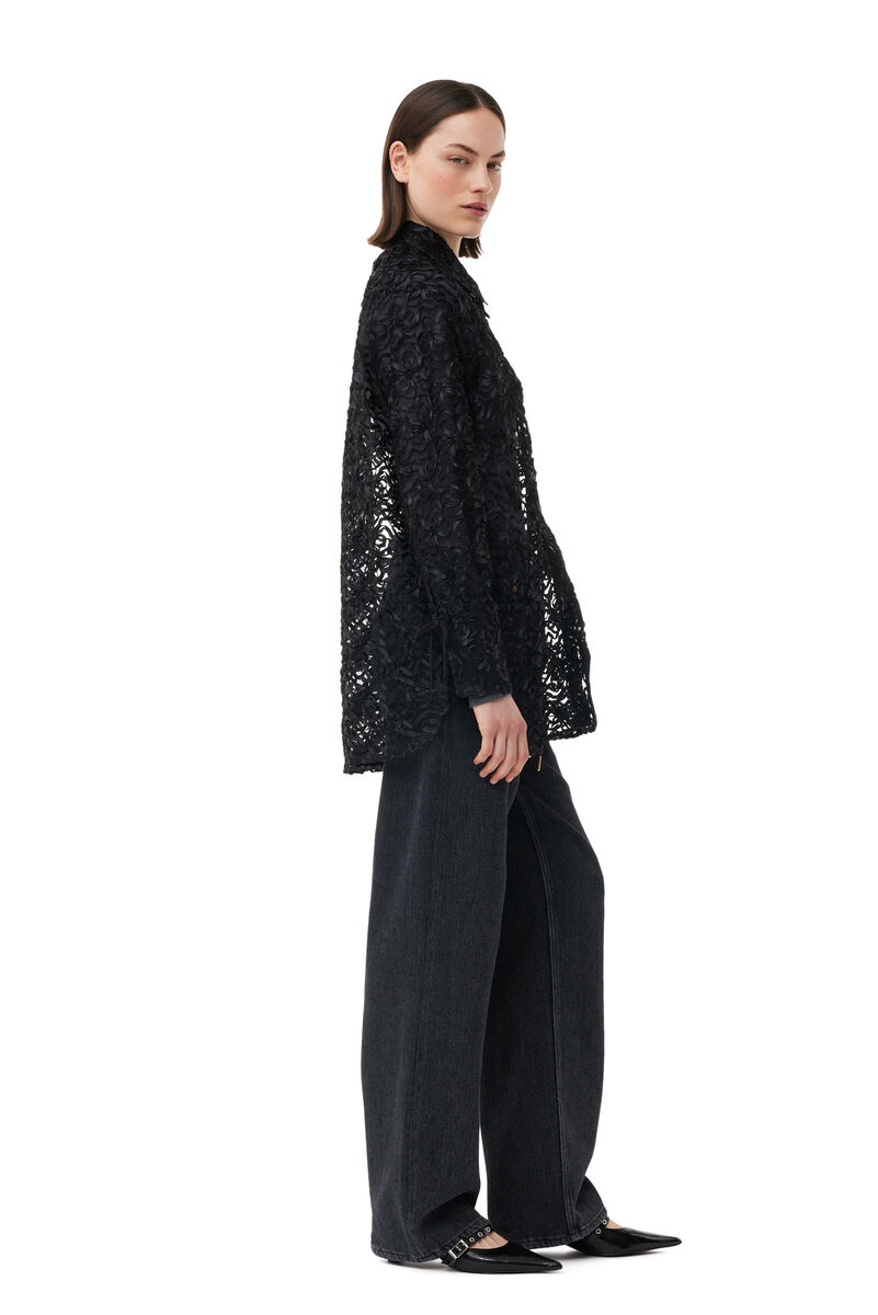 Black Ribbon Tulle Raglan Skjorte, Recycled Polyester, in colour Black - 4 - GANNI