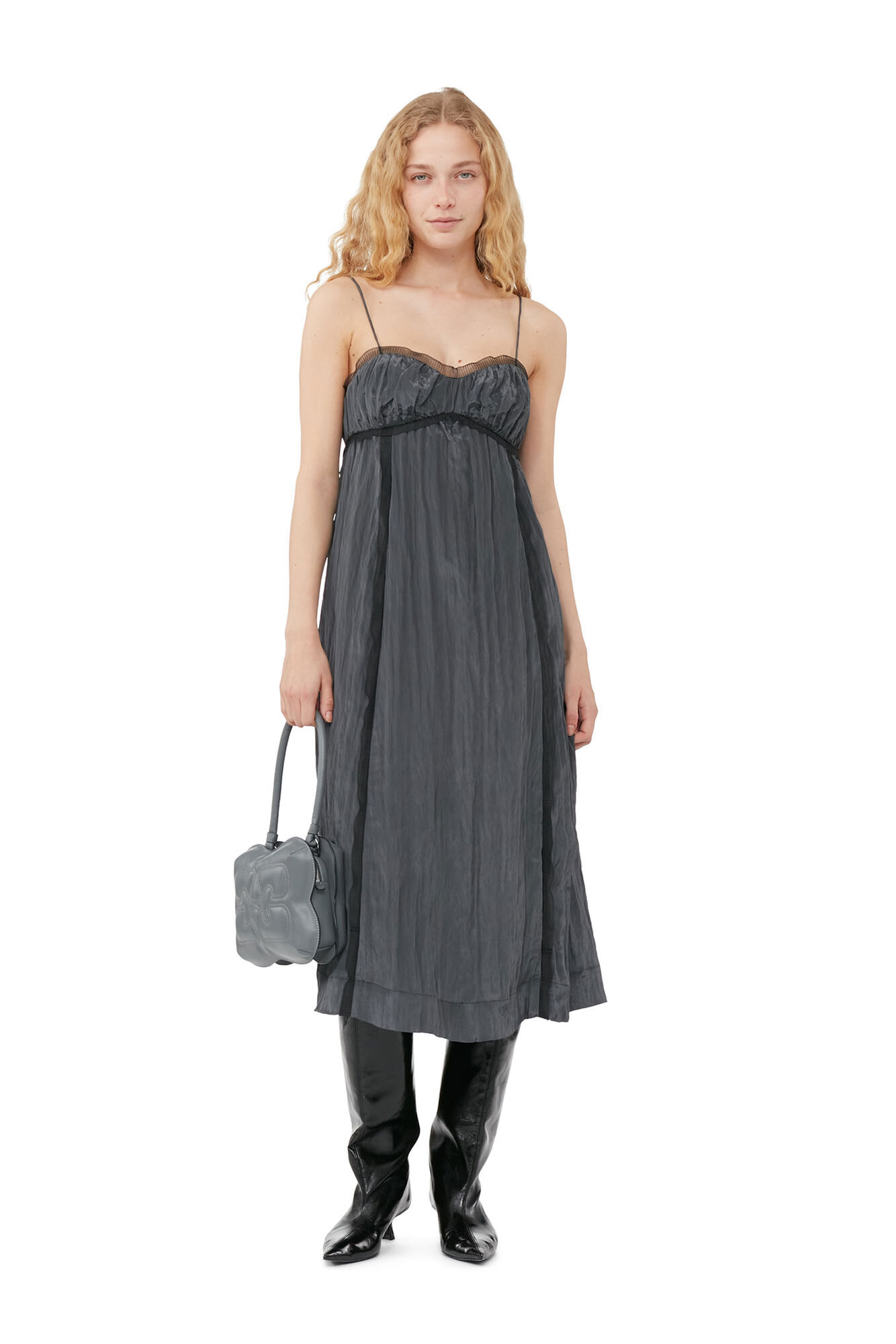 Grey Shiny Tech Strap Midi Dress, Polyamide, in colour Gray Pinstripe - 1 - GANNI