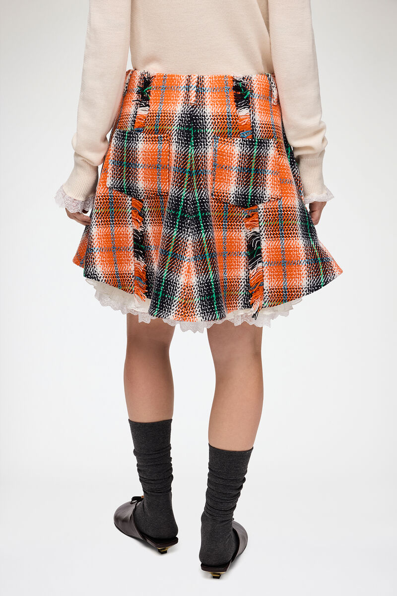 Skirt in Check Wool, Recycled Wool, in colour Mandarin Orange - 3 - GANNI