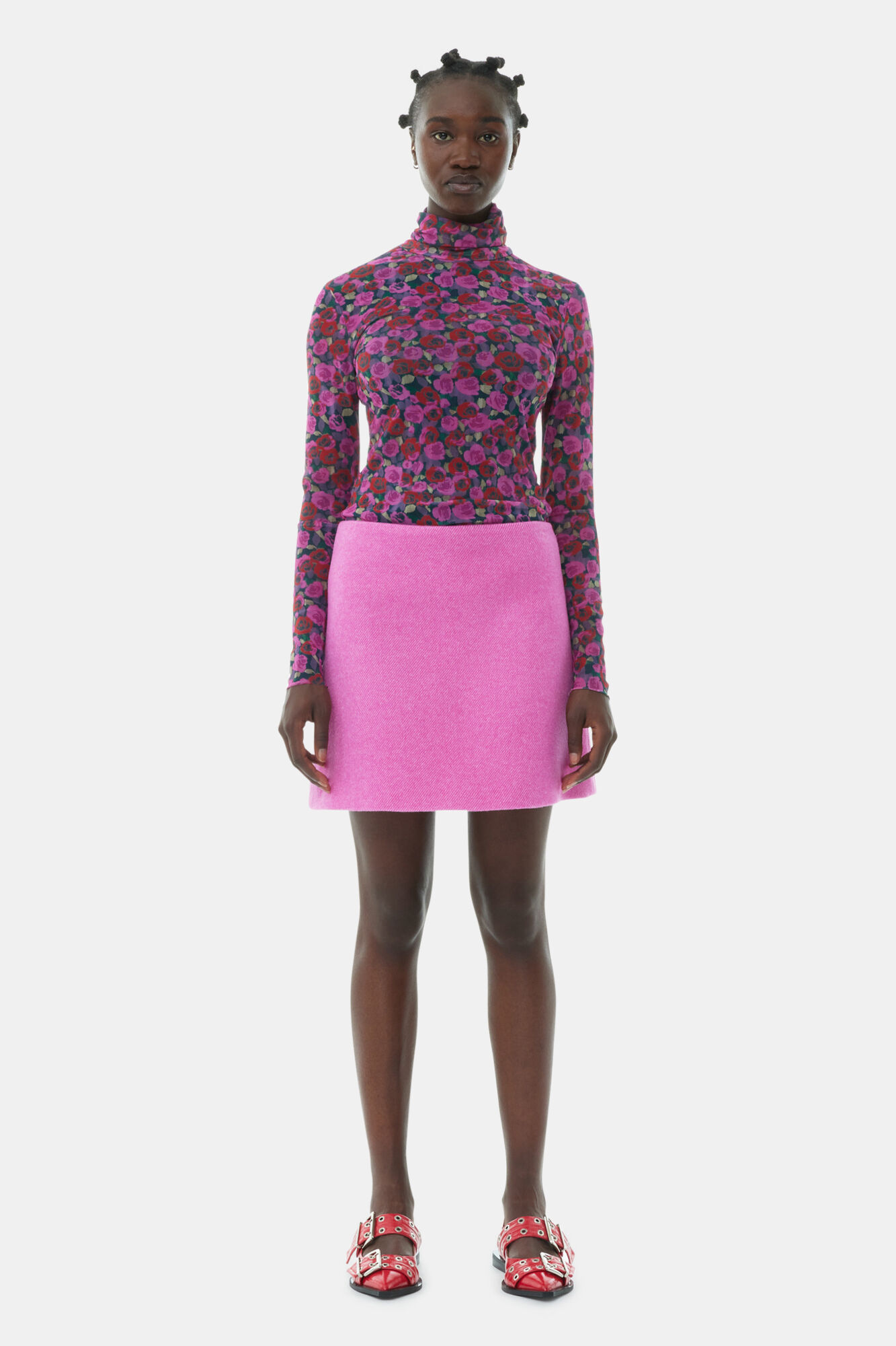 Floral Mesh Long Sleeve Roll Neck Bluse, Recycled Nylon, in colour Fiji Flower - 2 - GANNI