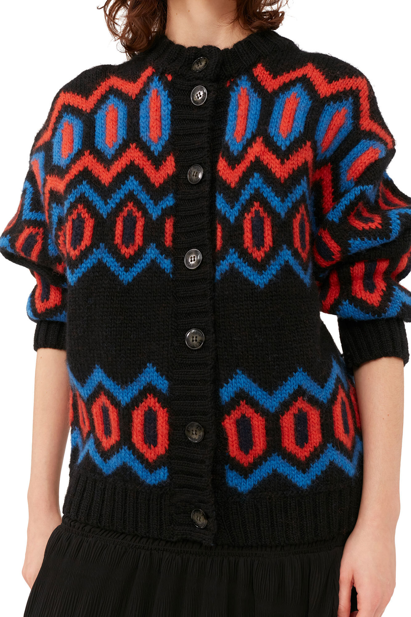 Black Chunky Graphic Wool Cardigan, Organic Wool, in colour Black - 5 - GANNI