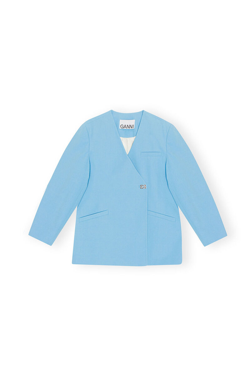 Cotton Suiting Boxy Blazer, Cotton, in colour Ethereal Blue - 1 - GANNI