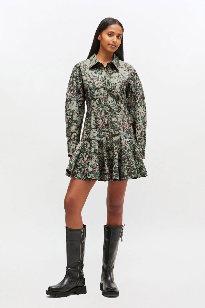 Tapestry Floral Shirt Dress, Organic Cotton, in colour Jadeite - 1 - GANNI