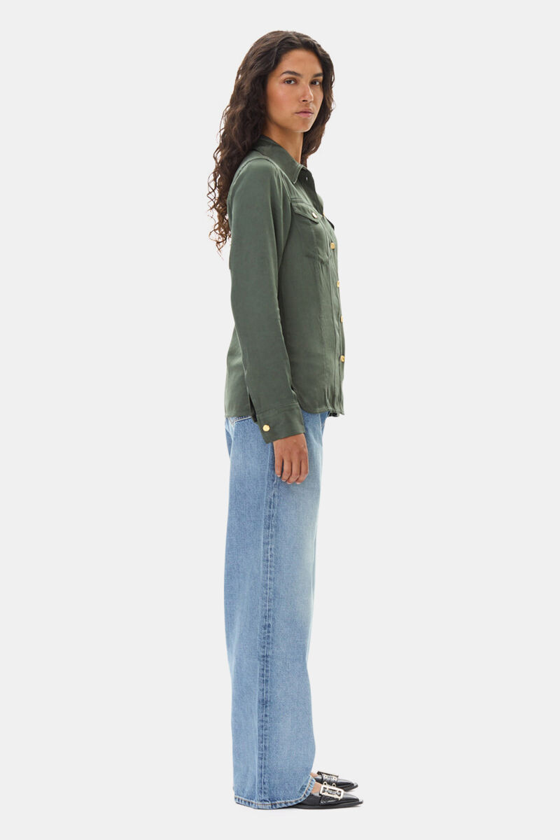 Green Washed Satin Shirt, Cupro, in colour Climbing Ivy - 3 - GANNI