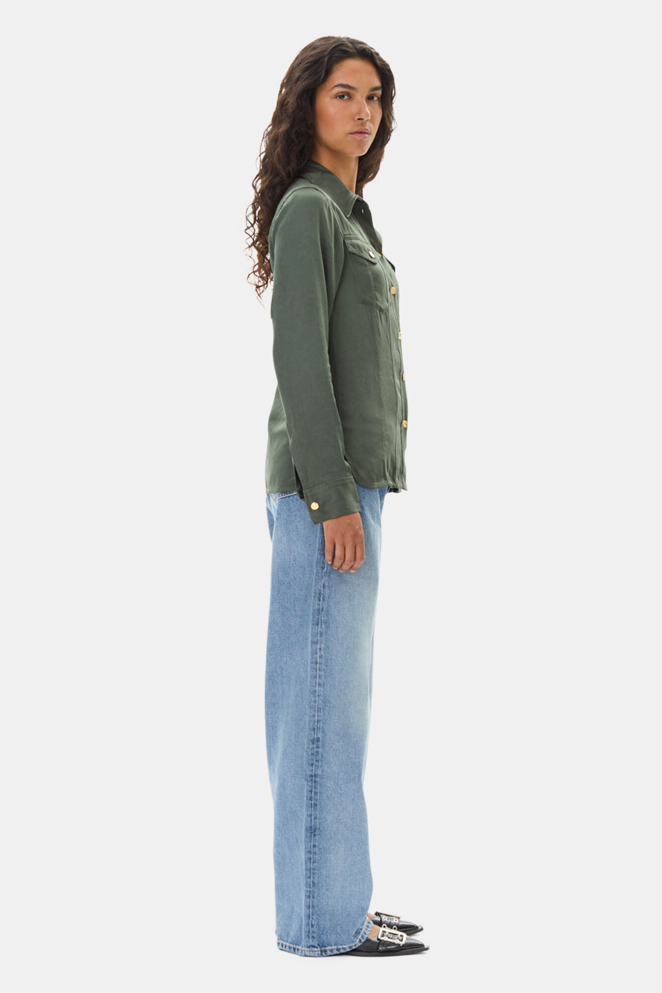 Green Washed Satin Hemd, Cupro, in colour Climbing Ivy - 3 - GANNI