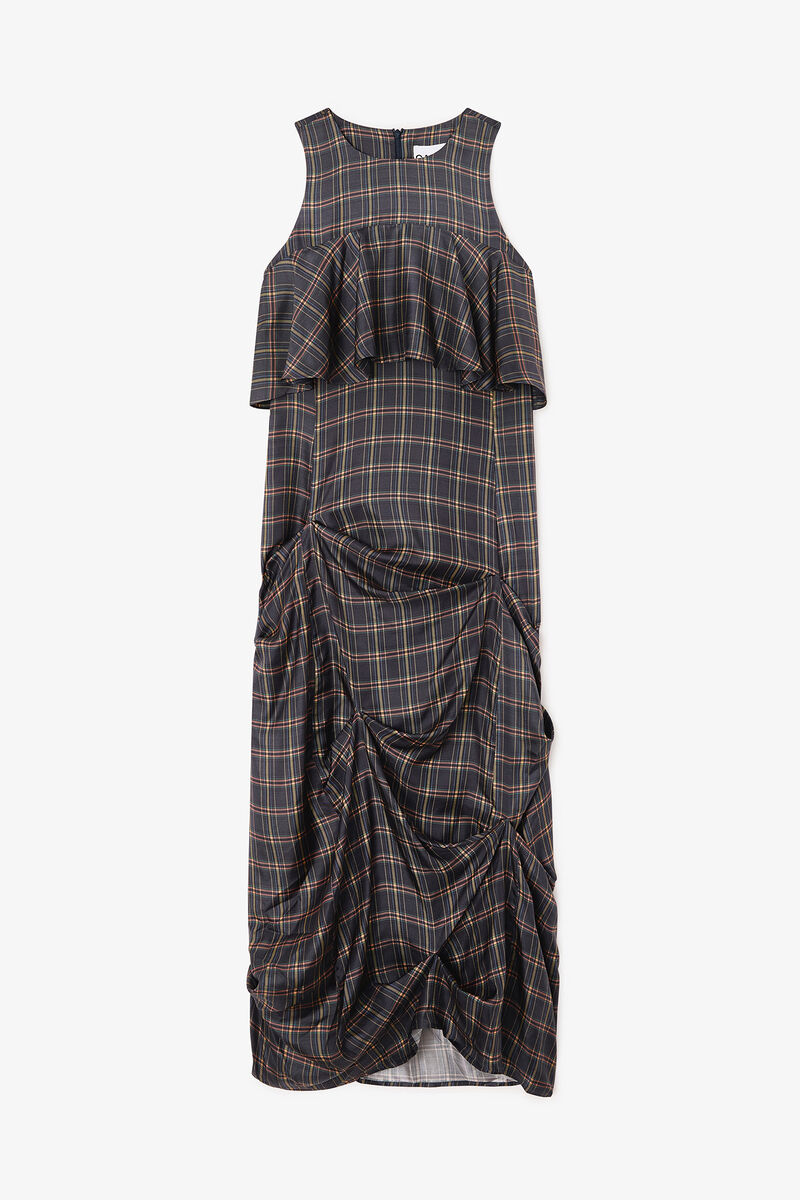 Check Ruffle Dress, Organic Wool, in colour Charcole Art - 1 - GANNI