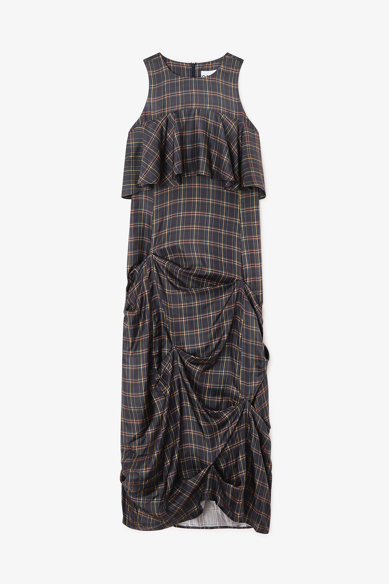 Check Ruffle Dress, Organic Wool, in colour Charcole Art - 1 - GANNI