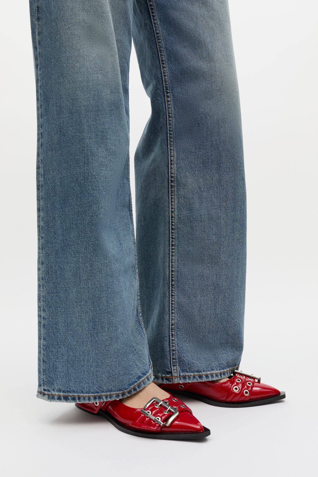 Feminine Buckle Ballerinas in Red, Polyurethane, in colour Racing Red - 2 - GANNI