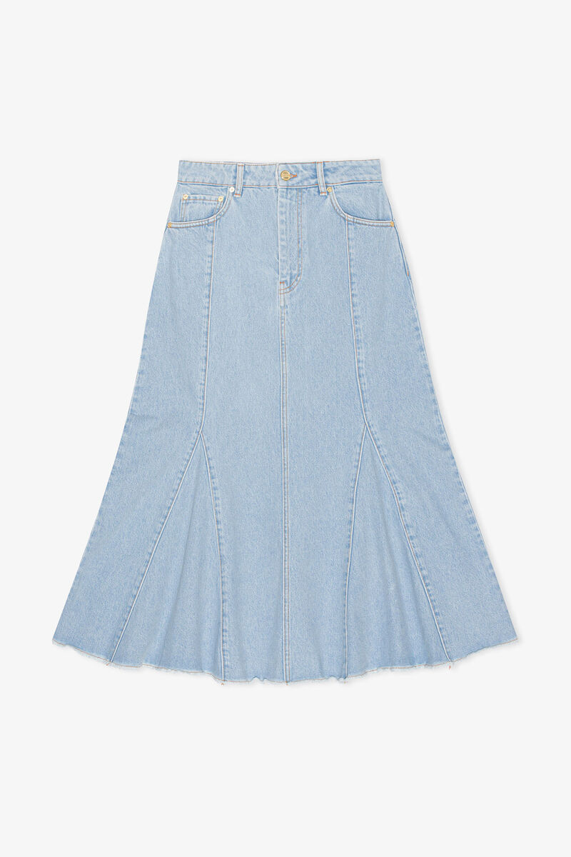 Bleach Denim Peplum Midi Skirt, Cotton, in colour Light Blue Stone - 1 - GANNI