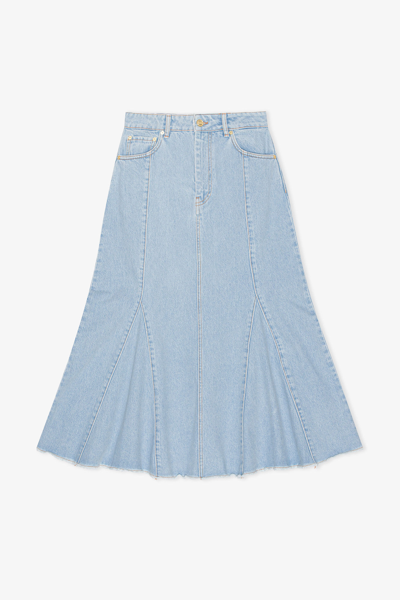 Bleach Denim Peplum Midi Skirt, Cotton, in colour Light Blue Stone - 1 - GANNI