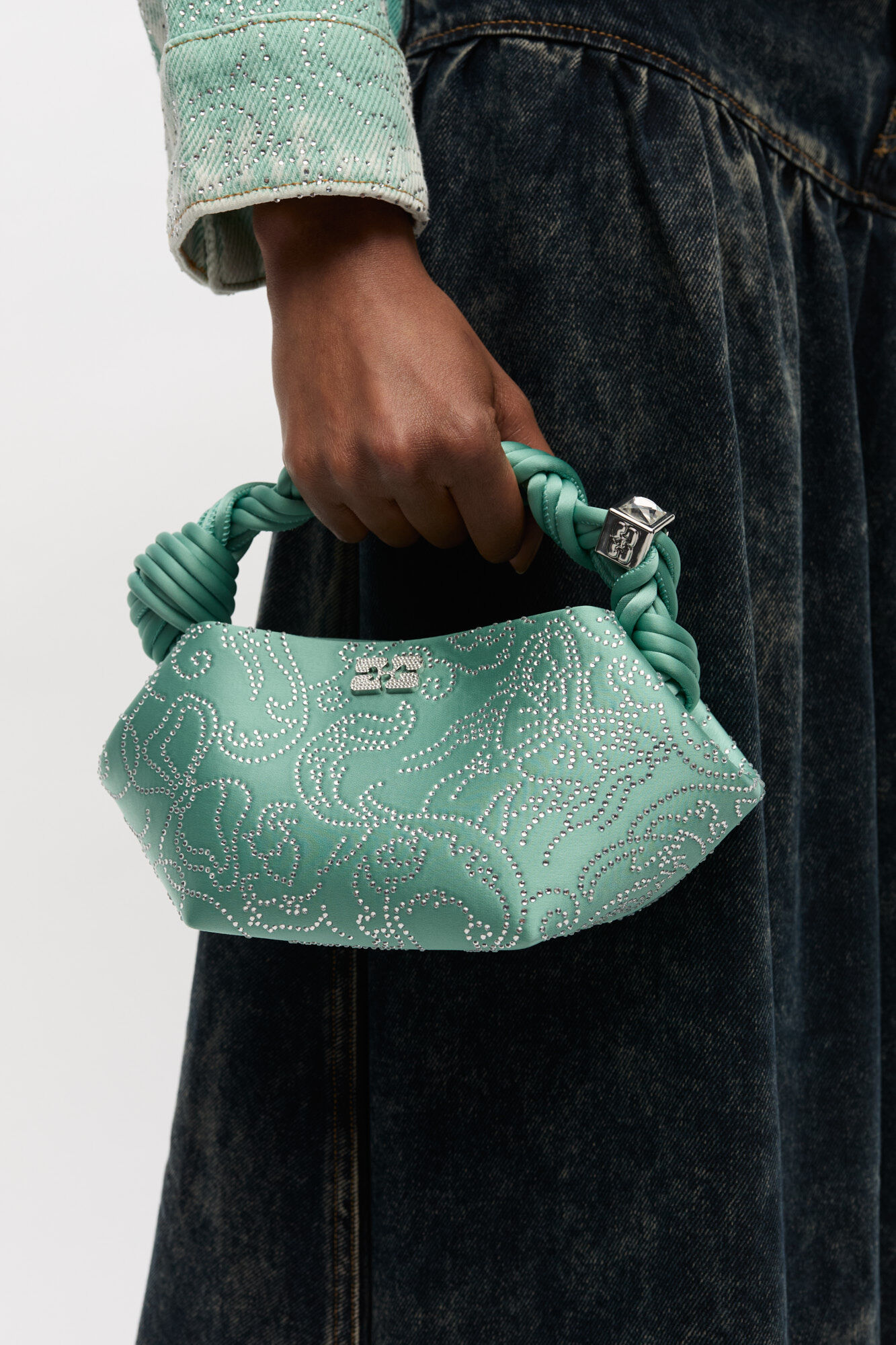 Green Rhinestone Mini GANNI Bou Bag, Recycled Polyester, in colour Brook Green - 2 - GANNI
