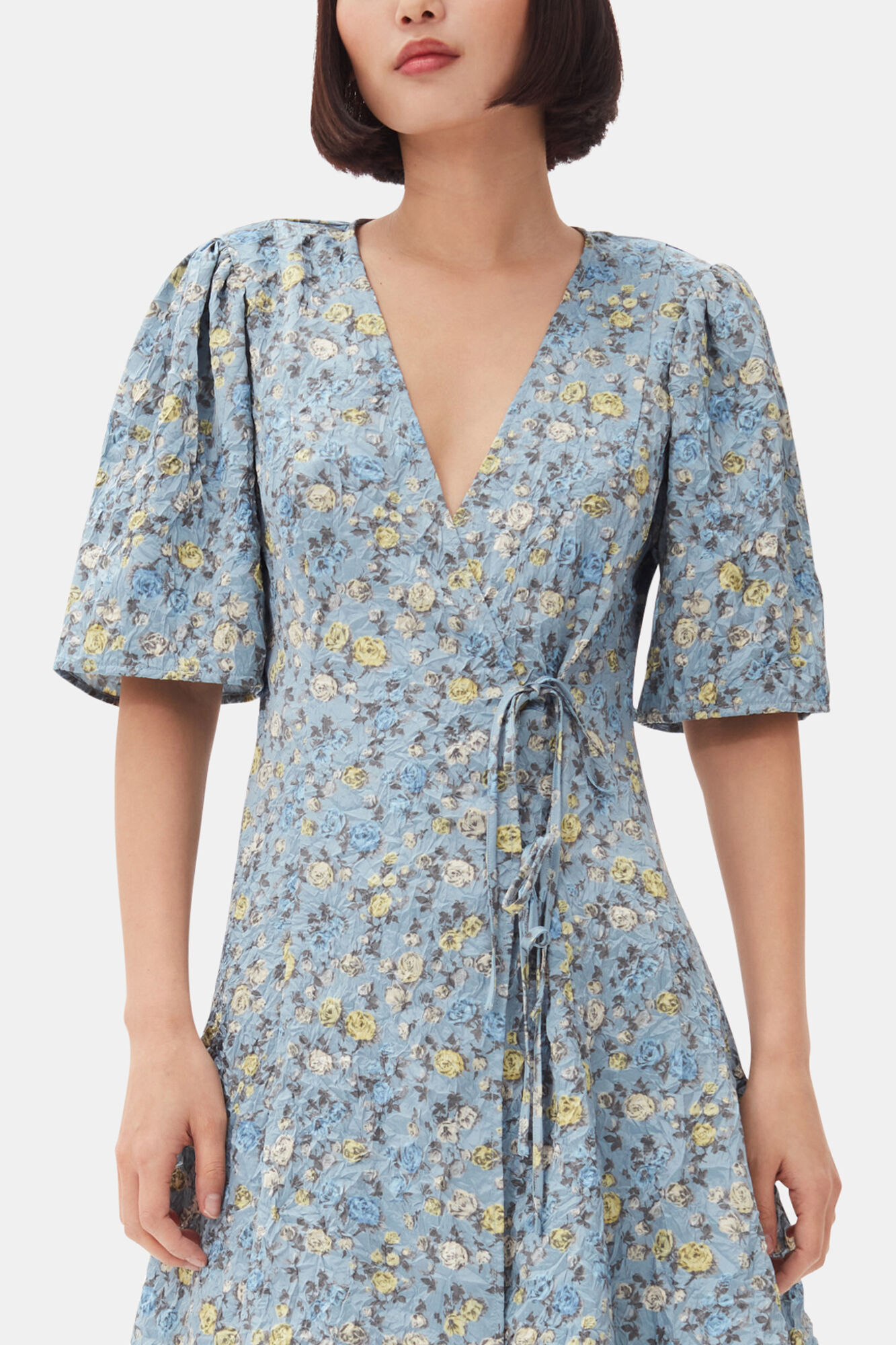 Blue Floral Printed Crinkled Satin Mini Wrap Dress | GANNI UK