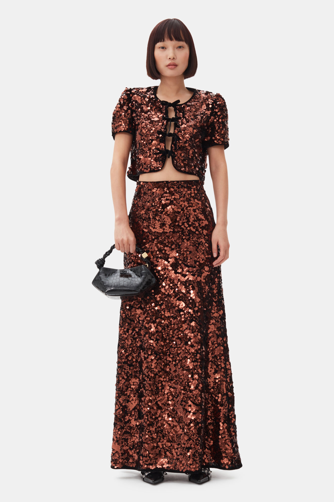 Brown Sequins blus, Polyester, in colour Bitter Chocolate - 2 - GANNI
