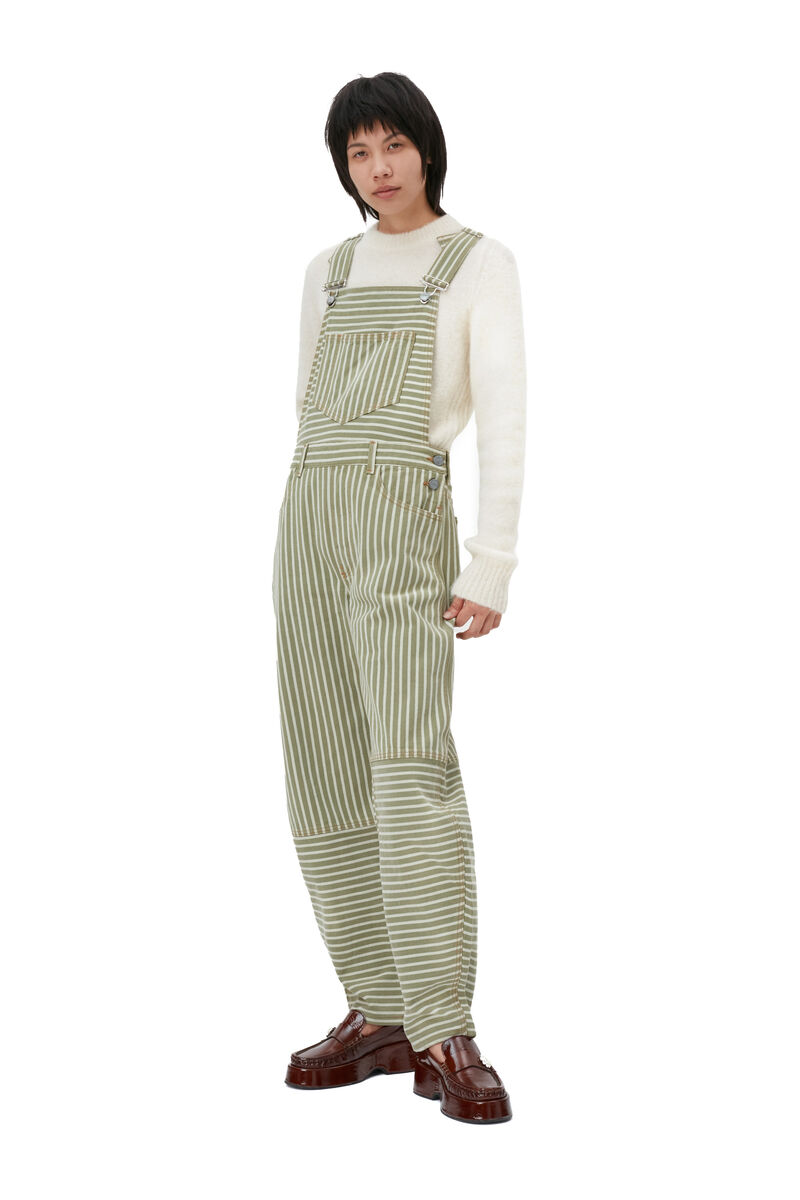 Stripe Denim Overalls, Cotton, in colour Stripe Loden Green - 1 - GANNI
