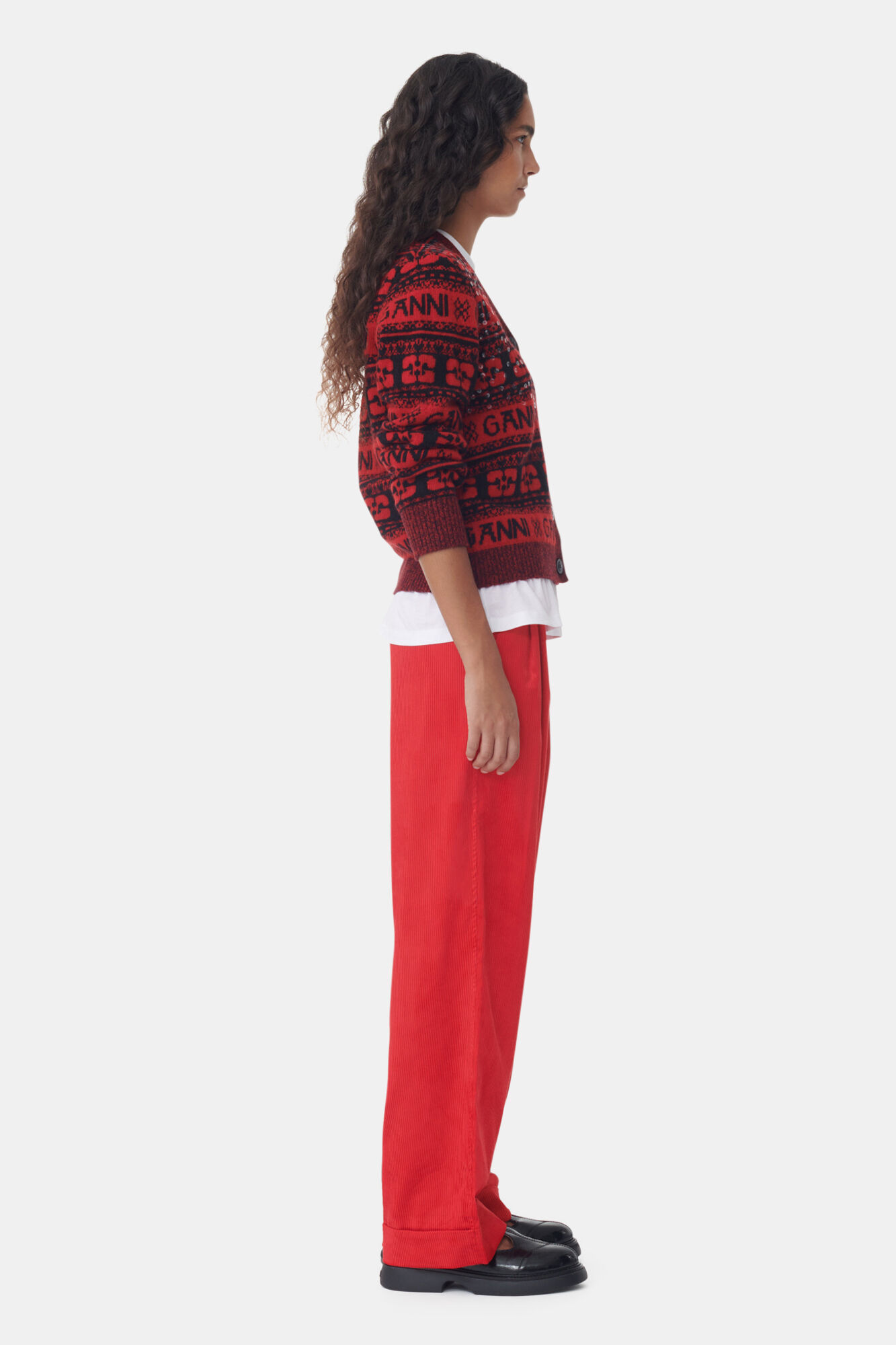 Red Shiny Corduroy Loose Pleat Trousers, Organic Cotton, in colour High Risk Red - 2 - GANNI
