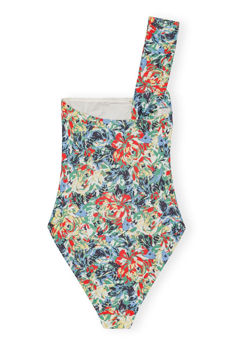 Recycled Printed Gathered Asymmetric Swimsuit, Elastane, in colour Multicolour - 2 - GANNI