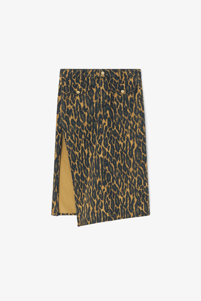 Leopard Print Denim Midi Skirt, Khaki