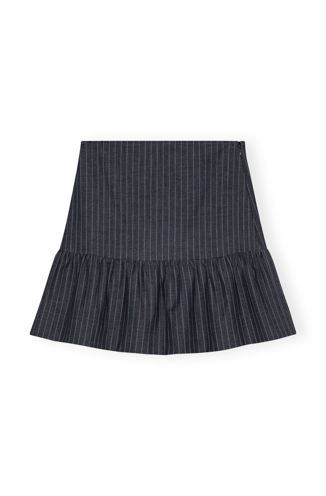 Stretch Striped Flounce Mini Skirt, Gray Pinstripe