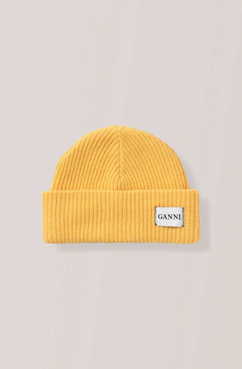 Knit Hat, Wool, in colour Lemon - 1 - GANNI