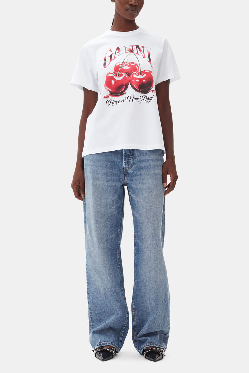 White Basic Jersey Cherry Relaxed T-shirt, Organic Cotton, in colour Bright White - 2 - GANNI