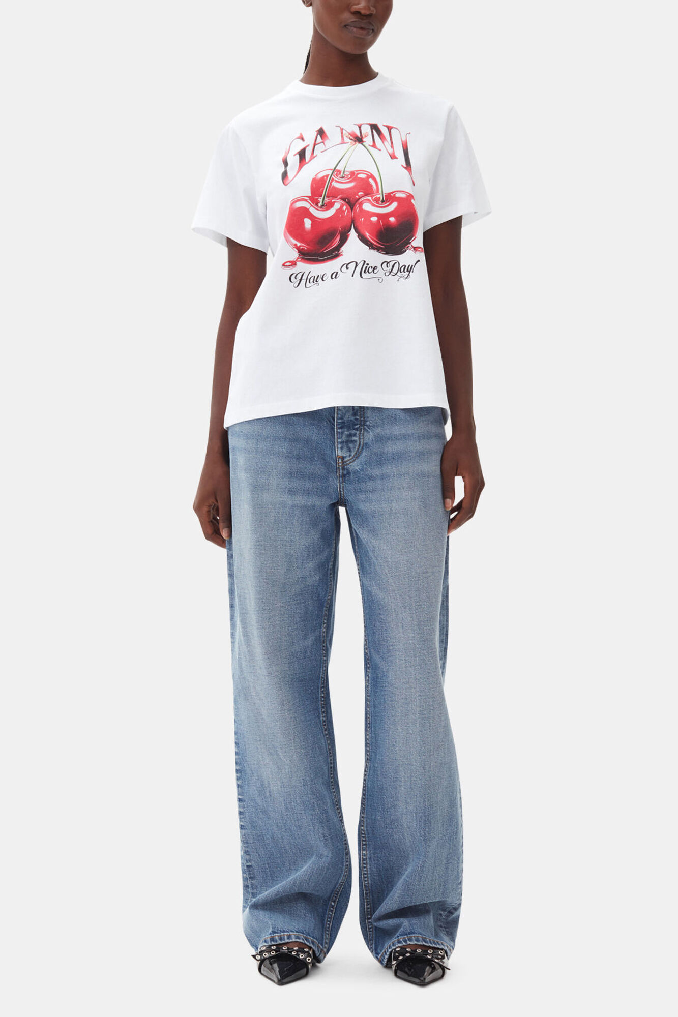 White Basic Jersey Cherry Relaxed T-shirt, Organic Cotton, in colour Bright White - 2 - GANNI