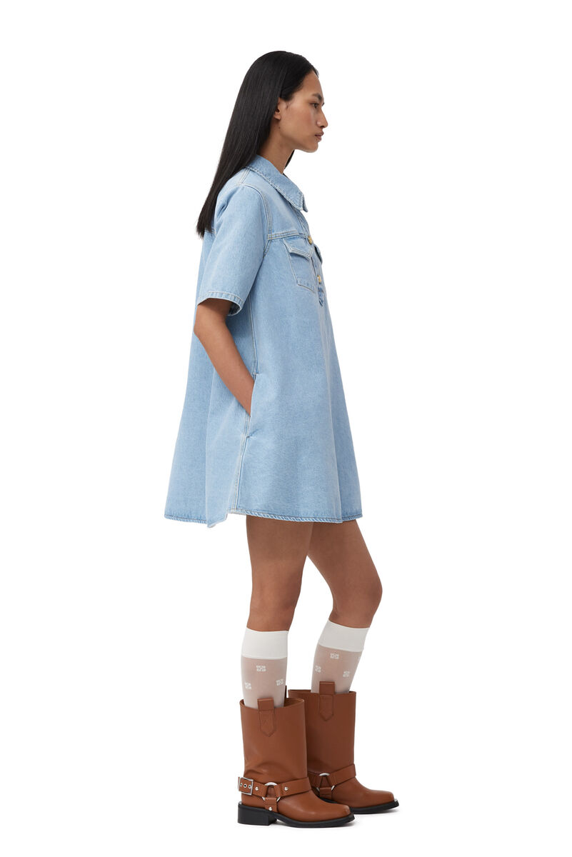 Cutline Denim Mini klänning, Cotton, in colour Mid Blue Vintage - 3 - GANNI