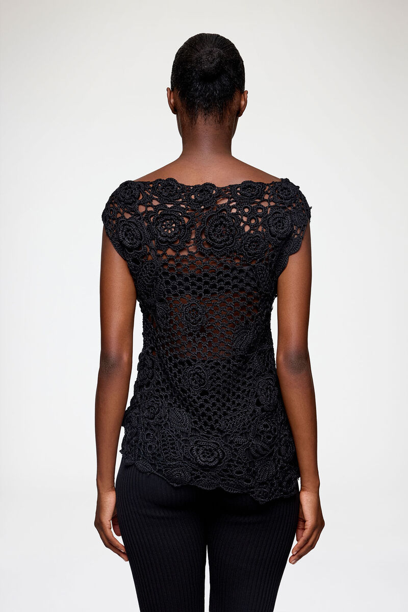 Knit Top in Cotton Crochet, Organic Cotton, in colour Black - 3 - GANNI