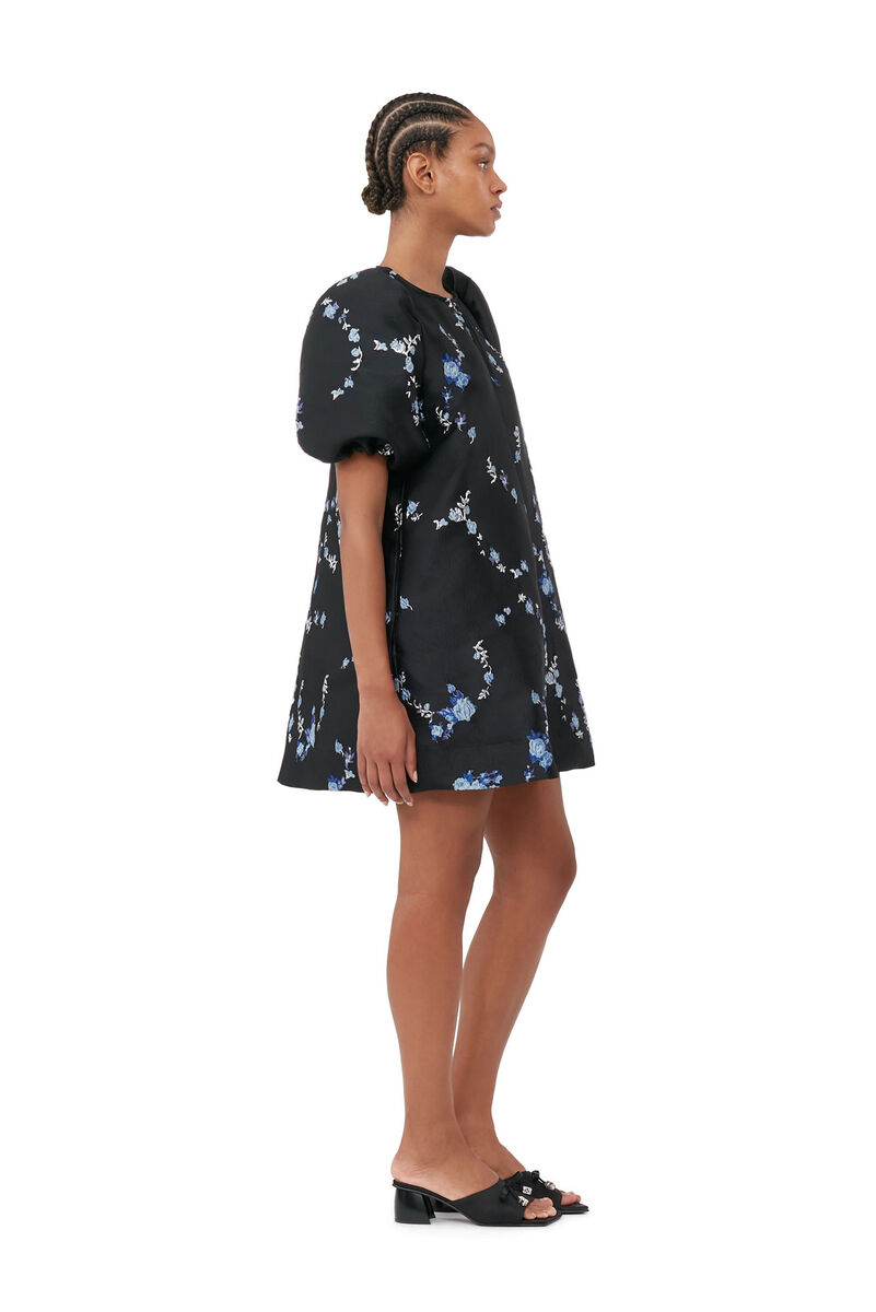 Black/Blue 3D Jacquard A-line Mini Dress, Polyamide, in colour Black - 2 - GANNI
