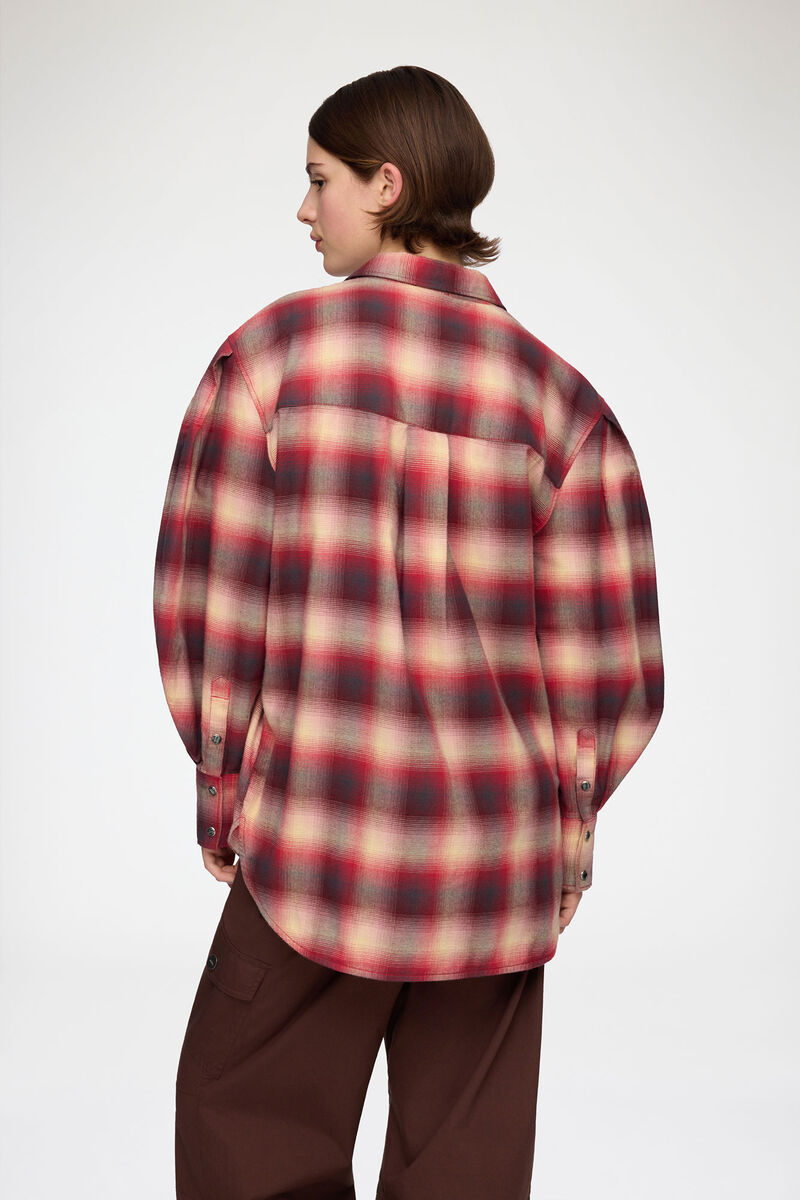 Shirt in Red Check Flannel, Cotton, in colour Raspberry Wine - 3 - GANNI