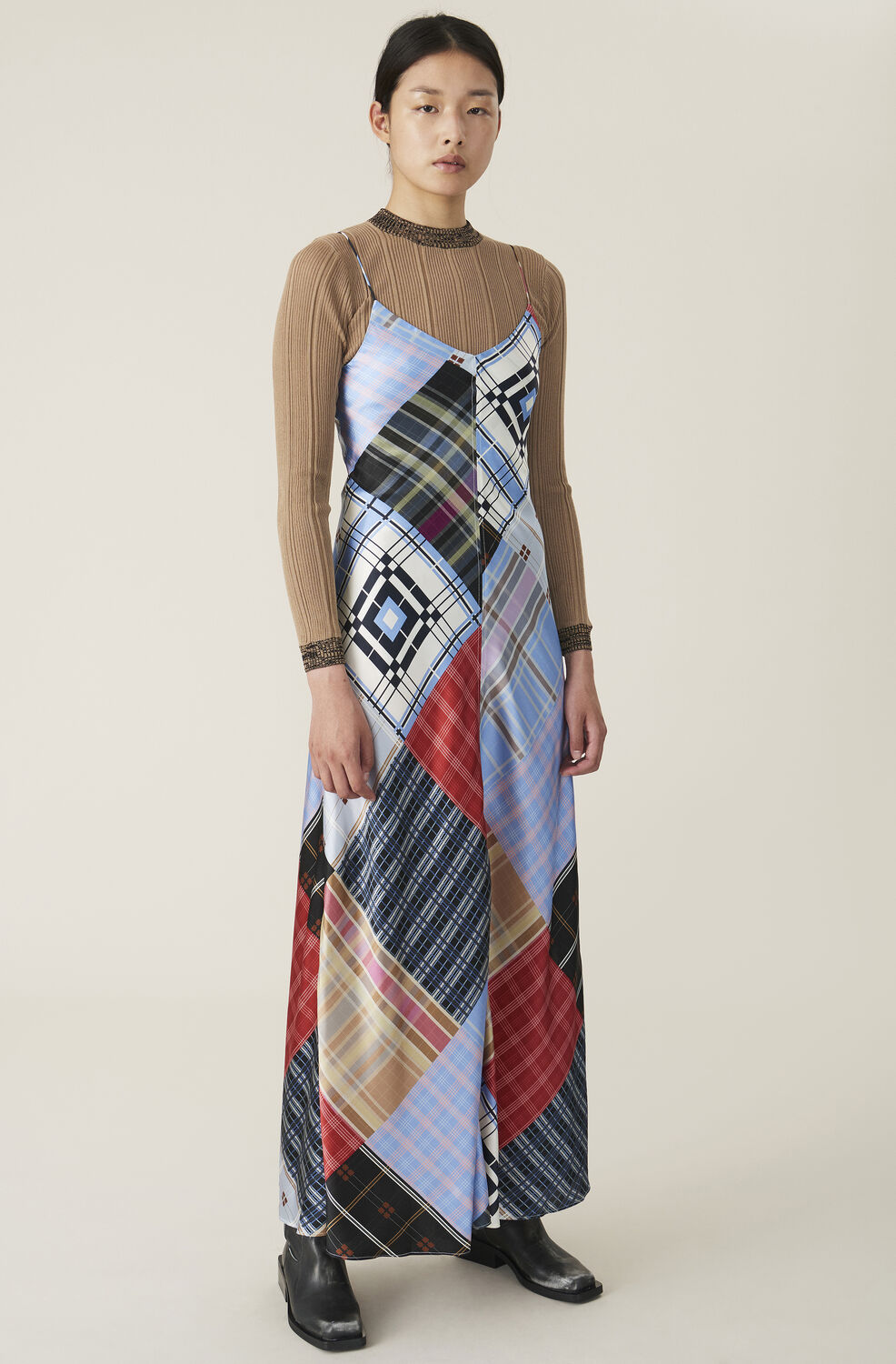 silk stretch satin slip dress, forever blue, model