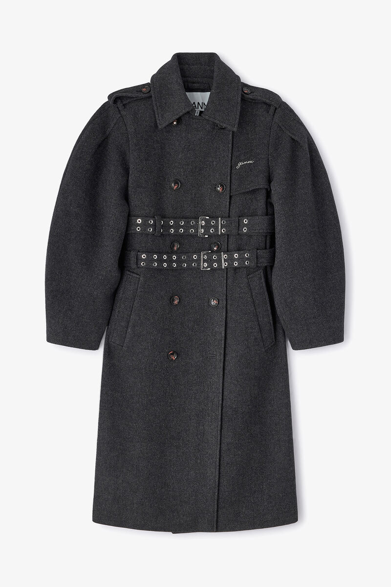 Wool Trench Coat, Wool, in colour Phantom - 1 - GANNI