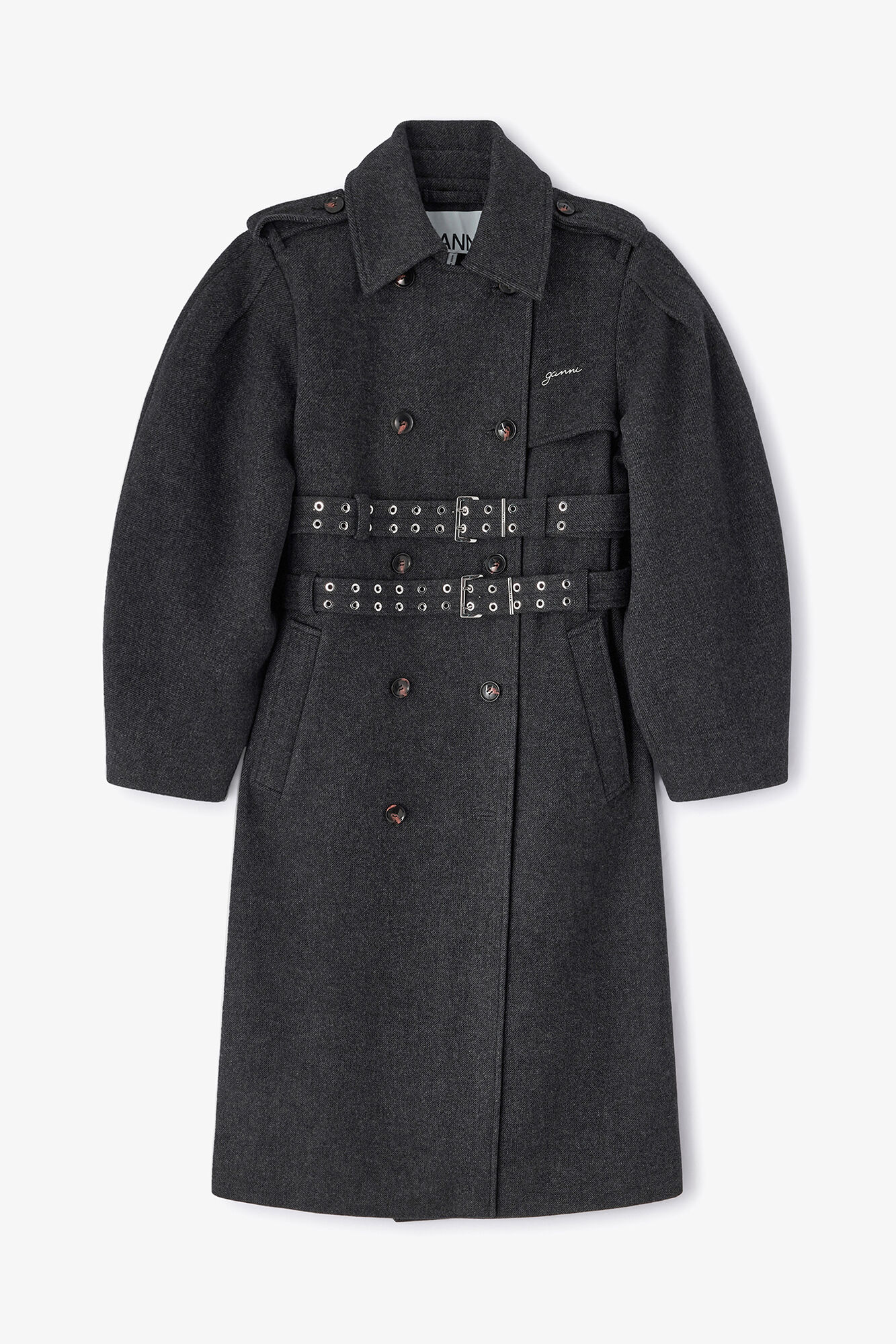 Wool Trench Coat, Wool, in colour Phantom - 1 - GANNI