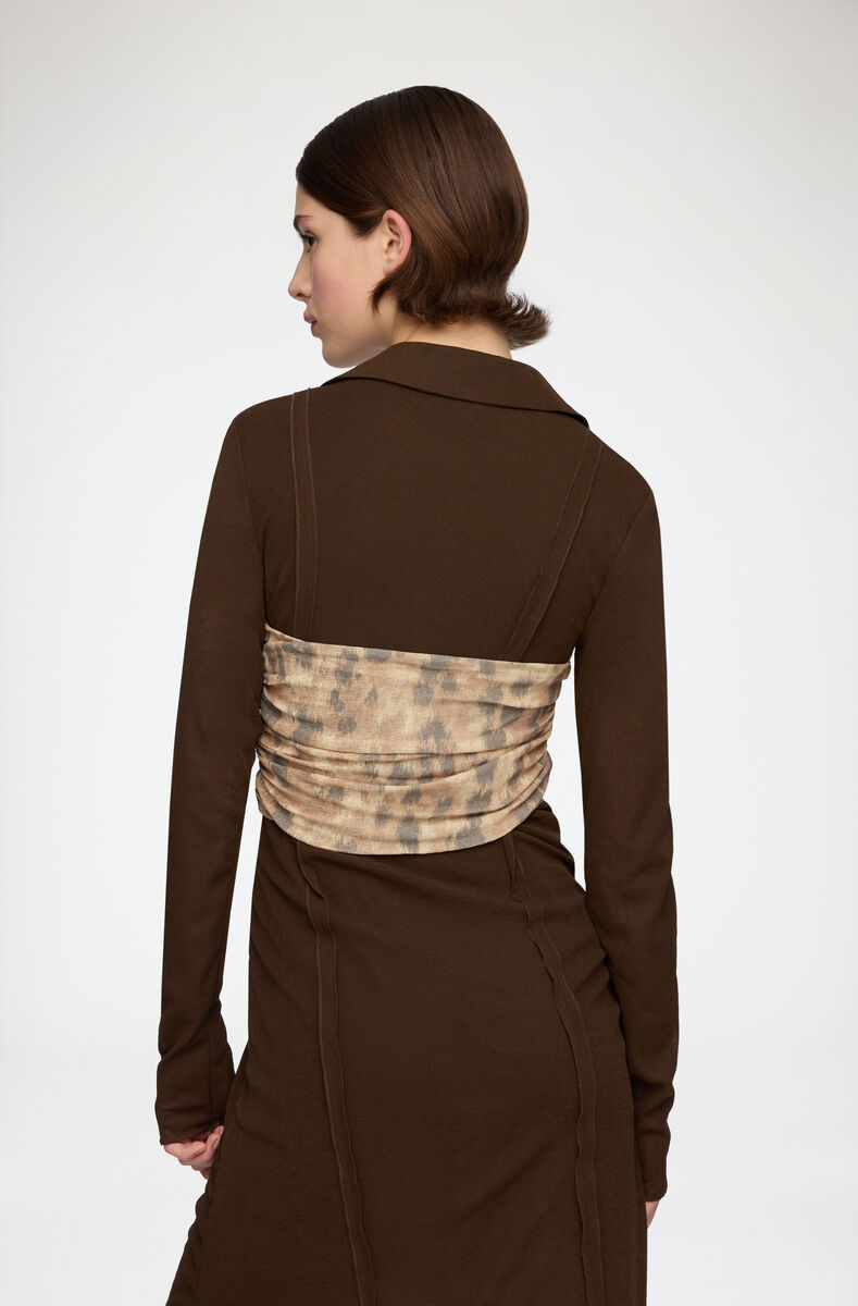 Bandeautop i printet marl mesh, Recycled Polyester, in colour Burro - 3 - GANNI