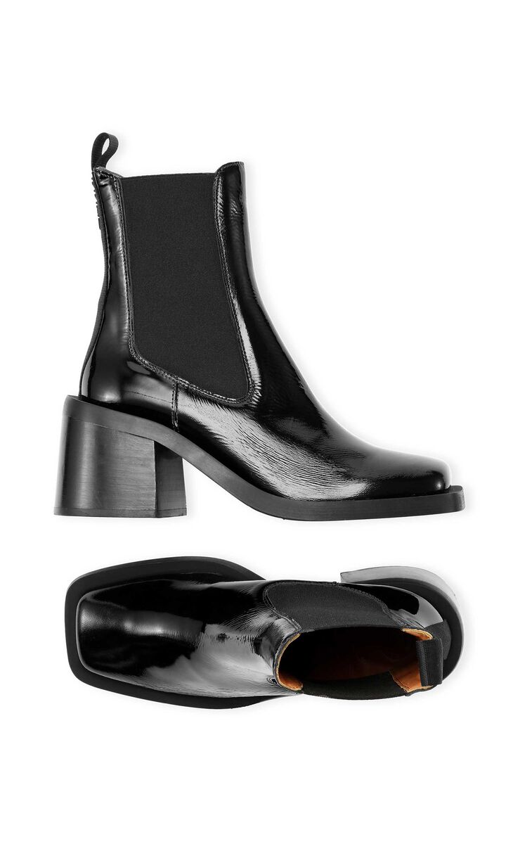 Naplack Squared Toe Wide Welt Heeled Chelsea Boot, Leather, in colour Black - 2 - GANNI
