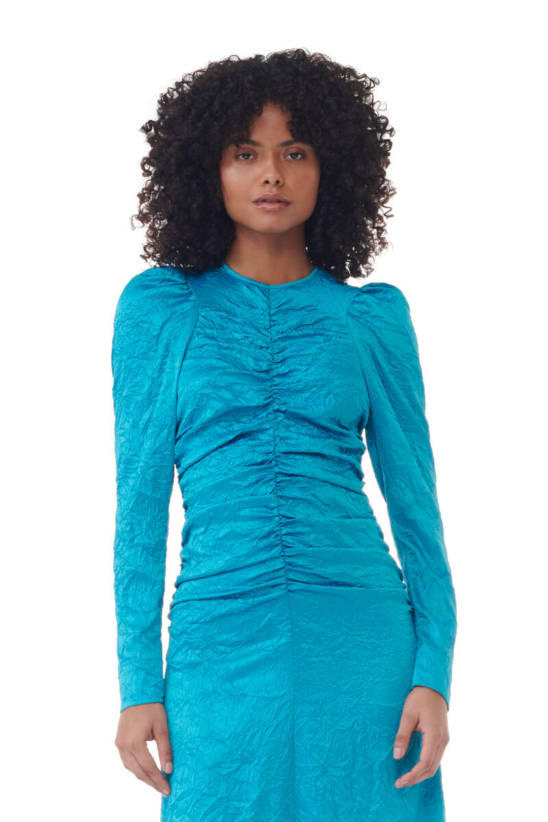 Blue Crinkled Satin O-Neck Midi Dress, Elastane, in colour Algiers Blue - 4 - GANNI