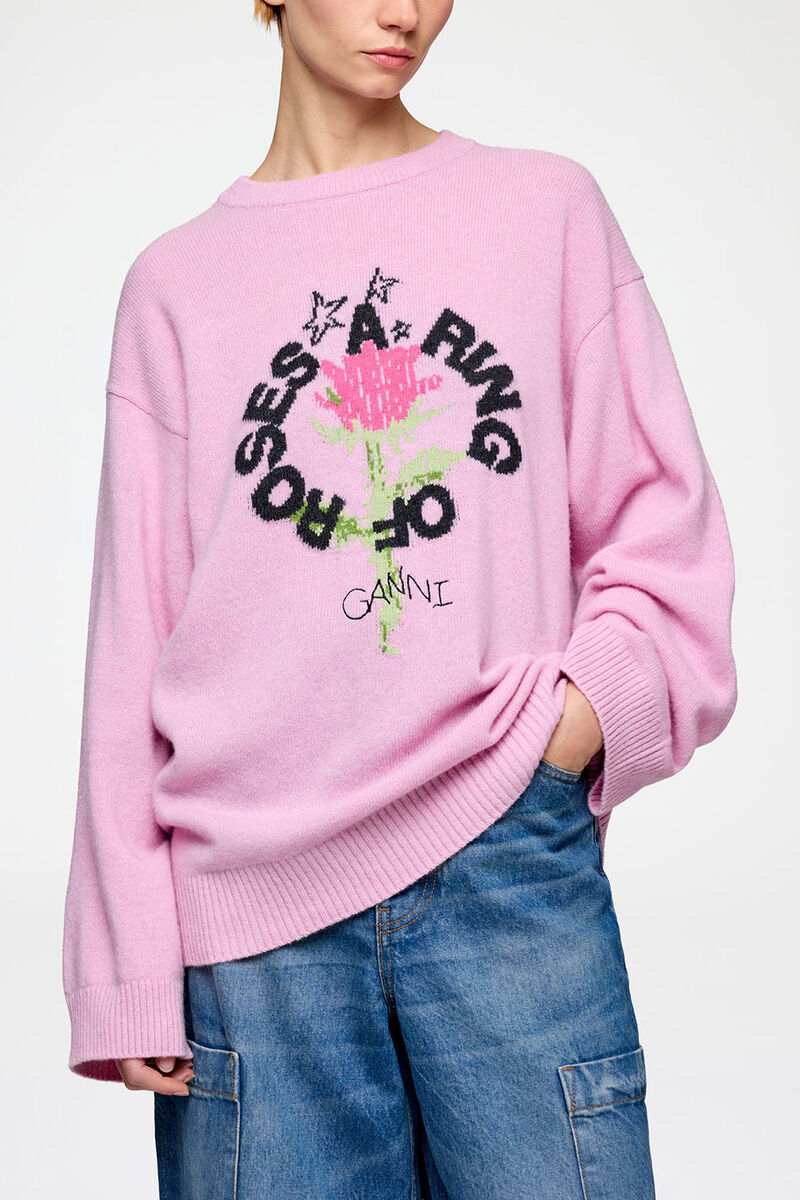 Oversized Jumper in Graphic Wool, Wool, in colour Chalk Pink - 2 - GANNI