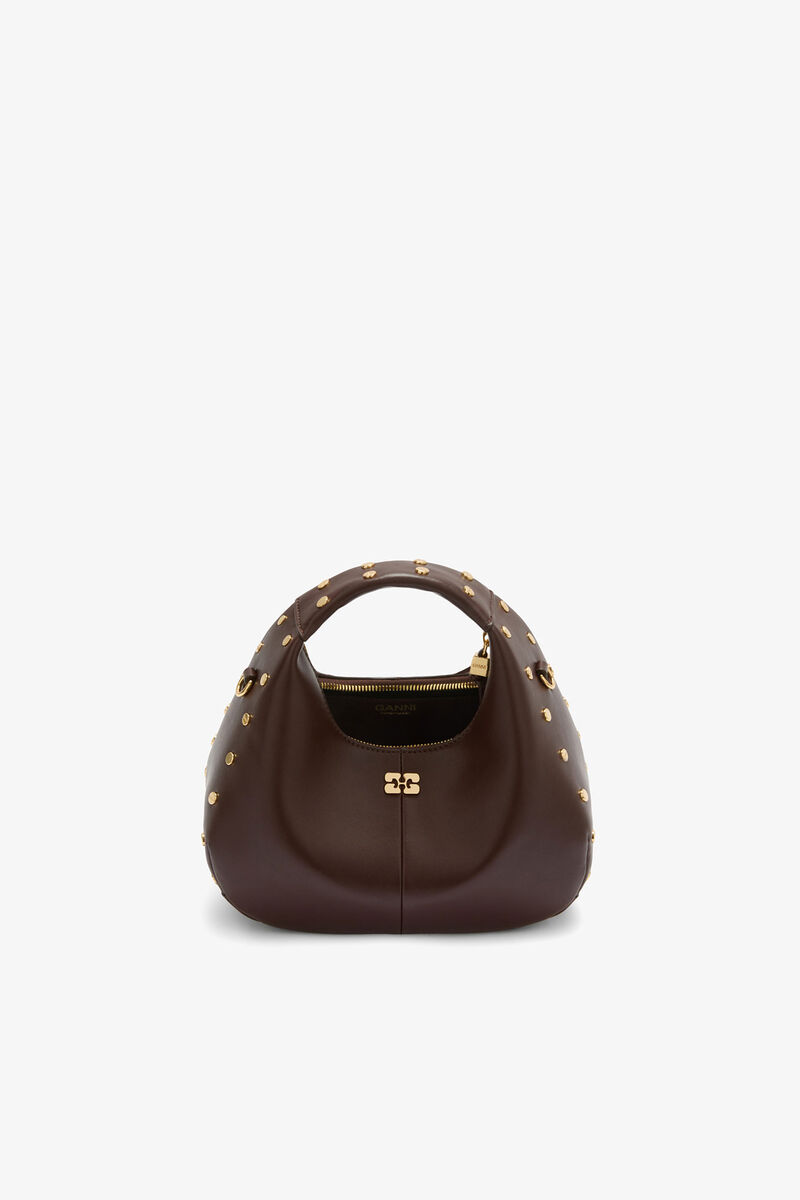 Mini Hobo Bag Studs in Brown, Recycled Leather, in colour Chicory Coffee - 3 - GANNI