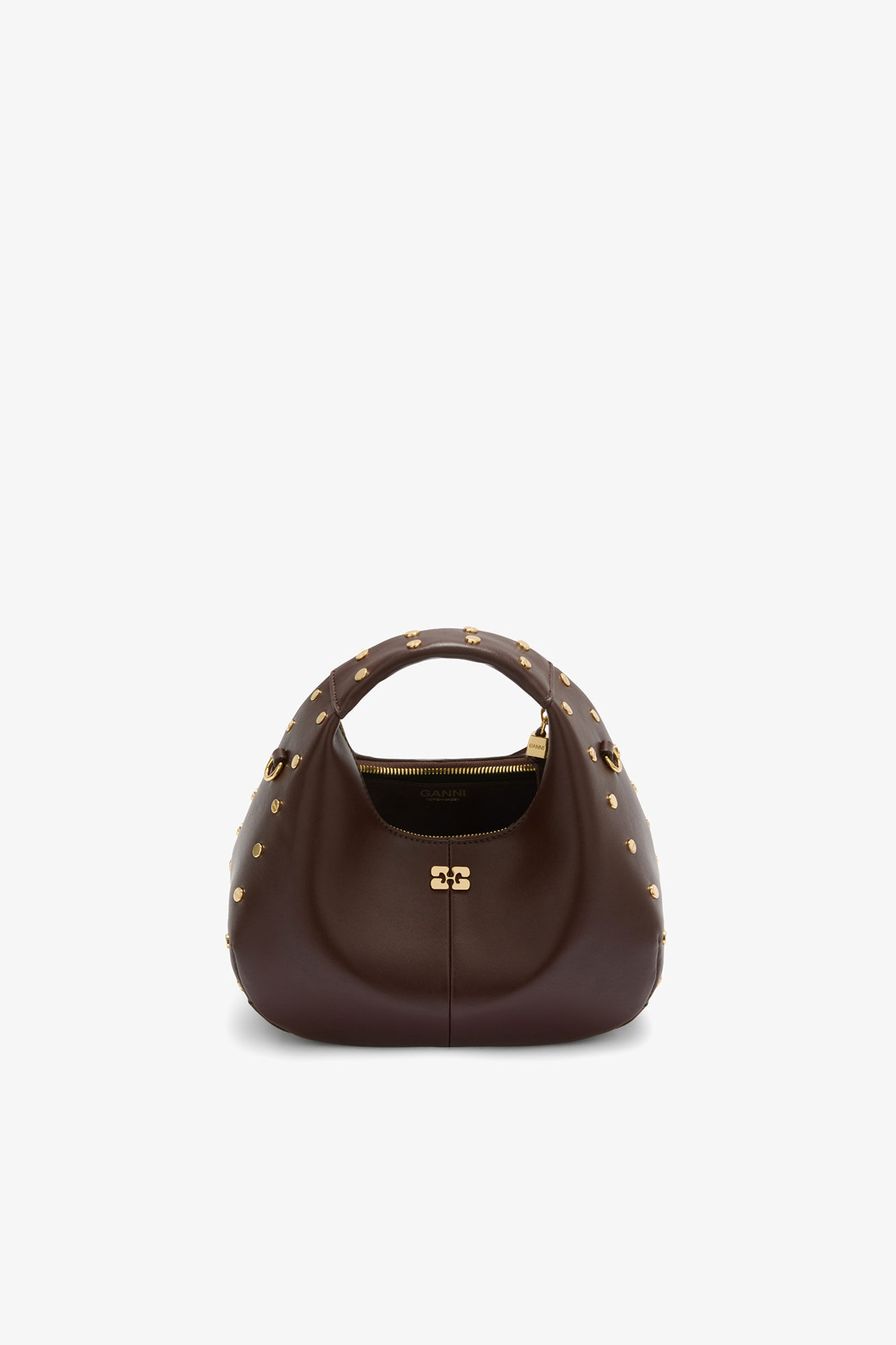 Mini Hobo Bag Studs in Brown, Recycled Leather, in colour Chicory Coffee - 3 - GANNI